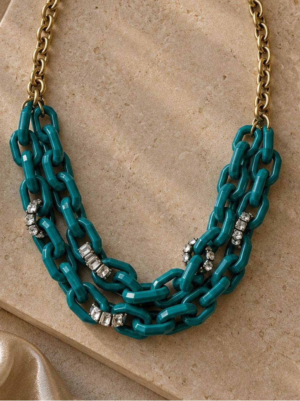 J. Crew Teal Triple-Link Necklace with Gold-Tone Chain & Rhinestones